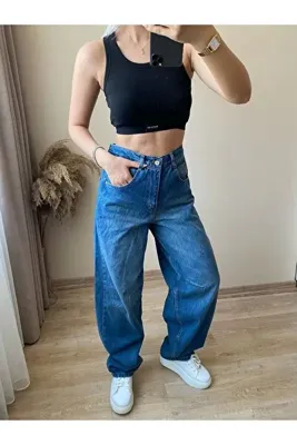 Zora Butik Kemer Toka Detay Baggy Jean | KOYU MAVİ