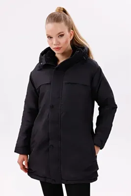 Freemen Spor Kadın Siyah Içi Polarlı Su Ve Rüzgar Geçirmez Kapüşonlu Regular Mont & Kaban & Parka
