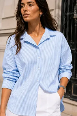 Combout Kadın Mavi Beyaz Çizgili Oversize Basic Gömlek