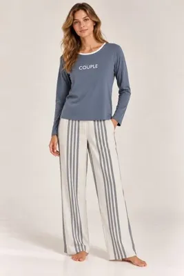 İPEKTENİM Yazı Baskılı Yaka Biye Detaylı Çizgili Kadın Couple Pijama Takımı
