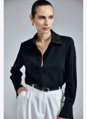 Sateen İşlemeli Gömlek - Siyah