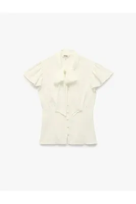 Koton Aerobin Kumaş Slim Fit Şal Yaka Fırfırlı Karpuz Kollu Düğmeli Gömlek