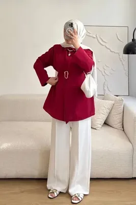 HİFADEN Kadın Kemerli Gold Tokalı Modern Kesim Şık Rahat Uzun Kollu Tesettür Gömlek