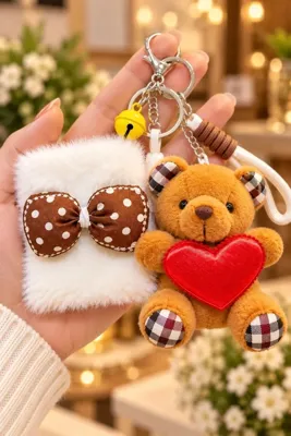 Diğer Ers Papyon Peluş Çanta Aynası Ve Kalpli Ayıcık Anahtarlık Seti Ekose Sevimli Çanta Aksesuarı Charm