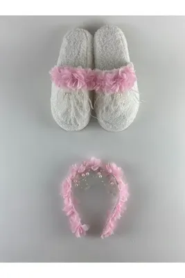 Lohussa Pembe Çiçekli Taşlı Lohusa Hamile Taç Terlik Seti