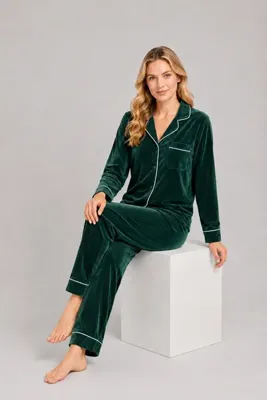 Pijamask Kadın Kadife Düğmeli Uzun Kollu Pantolonlu Pijama Takımı