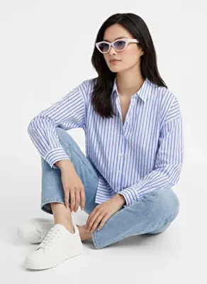 Limon Beyaz - Mavi Kadın %100 Pamuk Relaxed Gömlek L6SL-GML9061