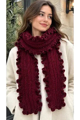 Walora Burgundy Collection Kadın Örgü Fırfırlı Bordo Atkı – El Örgüsü Kalın Kışlık Şık Atkı