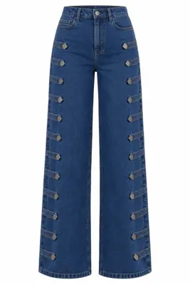 Laluvia Lacivert Napolyon Düğme Detaylı Wide Leg Pantolon - 1113