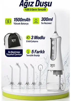 7Go 7GMF1 Şarjlı Ağız Duşu (Water Flosser) – 300ml Su Haznesi, 5 Başlıklı IPX6 Su Geçirmez Diş Temizleme Cihazı