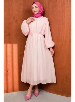 İmaj Butik Pudra Balon Kol Bel Bağlamalı Elbise