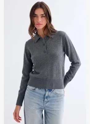 Silk and Cashmere Orta Gri Isabella Saf Kaşmir Polo Yaka Kazak