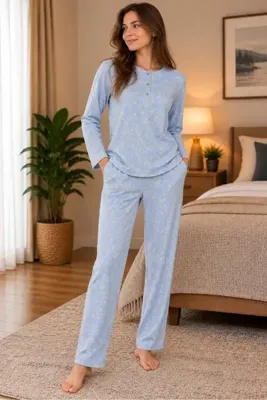 Çift Kaplan Kadın Sarı Çiçek Desenli Patlı Pijama Takımı 7212