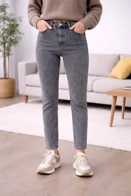 DELDNM Line Kadın Füme Yüksek Bel Likralı Trend Mom Jean