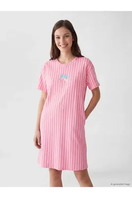 LC Waikiki TexX Store Kalitesi LCW DREAM Pembe Penye Çizgili Kısa Kollu Kadın Gecelik
