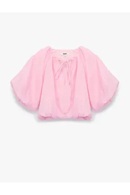 Koton Yuvarlak Bağcıklı Yaka Balon Kollu Crop Bluz