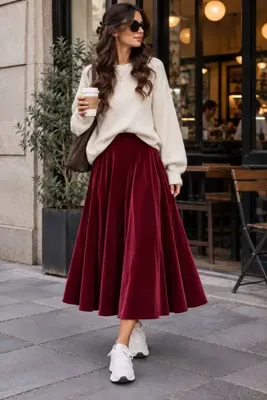 stylingpark Kloş Model Cepli Midi Boy Kadife Etek