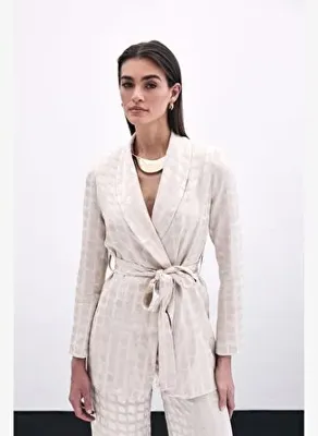 Sateen Kare Desenli Kuşaklı ceket - Bej