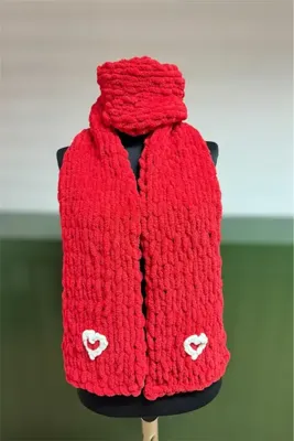 MatmazelLavinya Kırmızı Kalpli Puffy Atkı %100 El Örgüsü Sevgililer Günü
