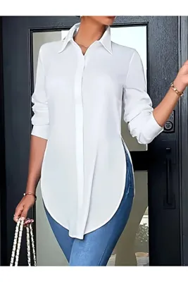 FARQIN Beyaz Likralı Poplin Kumaş Yırtmaçlı Gizli Pat Slim Fit Kadın Tunik Gömlek