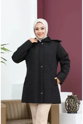 sefamerve Büyük Beden Kare Desen Kapitone Mont 6141-01 Siyah