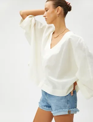 Koton Oversize Bluz Keten Karışımlı V Yaka