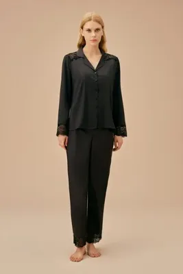 SUWEN Pansy Lace Gömlek Yaka Pijama Takımı