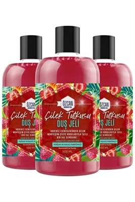 Özcan Bey Avantaj Seti Çilek Tutkusu Strawberry Fruits Çilek Kokulu Nemlendirici Banyo ve Duş Jeli 500 ml X 3