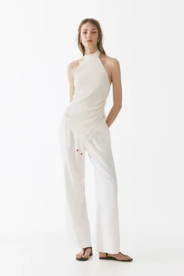 H&M Keten Karışımlı ve Büzgü Bağlı Pantolon