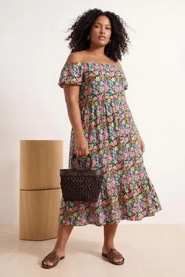 Trendyol Curve Çok Renkli Çiçek Desenli A-line Maxi Boy Örme Büyük Beden Elbise TBBSS22AH00009