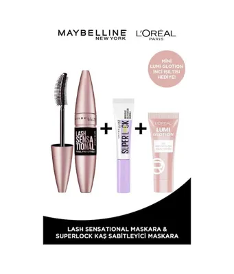 Maybelline New York Lash Sensational Maskara + Super Lock Kaş Sabitleyici & Glotion 903