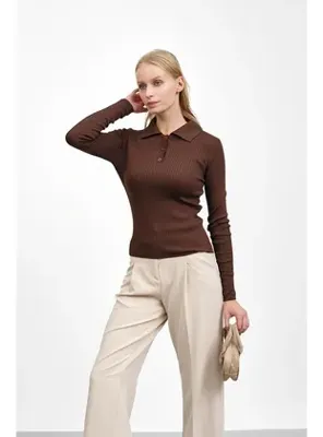 İmajButik Kahverengi Fitilli Polo Yaka Triko Body Kazak