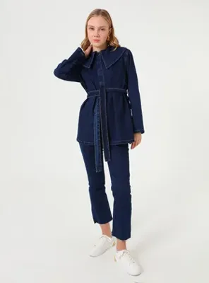 Refka Denim Bebe Yaka Kemerli Ceket - Açık Lacivert - Refka