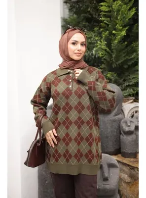 İmaj Butik Haki Polo Yaka Baklava Desenli Triko Kazak