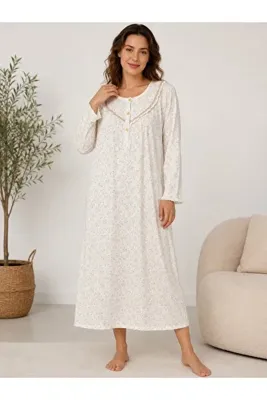 Alize Moda Uzun Kollu %100 Pamuklu Düğme Yakalı Çiçek Desenli Kadın Gecelik