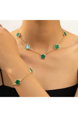monalisatoka Kadın Gold Gonca Yeşil Kolye Ve Bileklik Takım