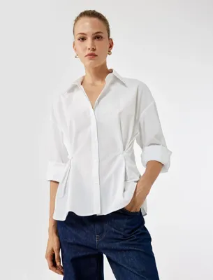 Koton Pamuklu Uzun Kollu Pile Detaylı Düğmeli Oversize Poplin Gömlek