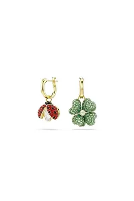 Swarovski Idyllia damla küpeler, Set (3), Uğur böceği, yonca, çilek, Çok renkli, 18k altın rengi yüzey