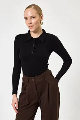 Rays Siyah Polo Yaka Düğmeli Uzun Kollu Bluz 8222A