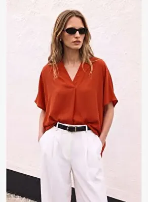 Sateen Geniş Kısa Kollu Bluz - Mercan