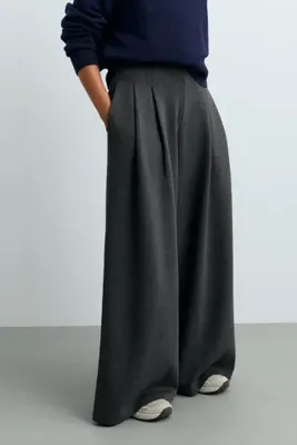 Oysho Pamuklu piqué wide leg uzun pantolon