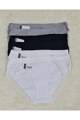 Tutku 3'lü Paket Siyah-beyaz-gri Paça Dantelli Işık Bikini Külot