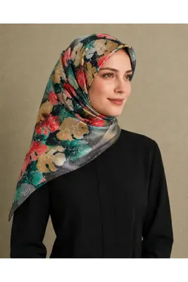 AKER Kırmızı Yeşil Karma Desen Tivil İpek Eşarp 8546713 - 912