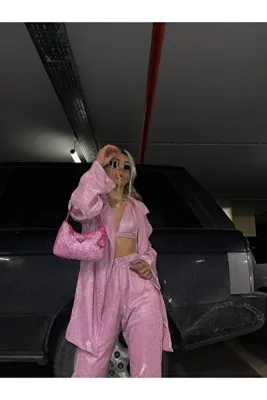 Gülşah Evecen Özel Tasarım Pembe Simli Pantolon