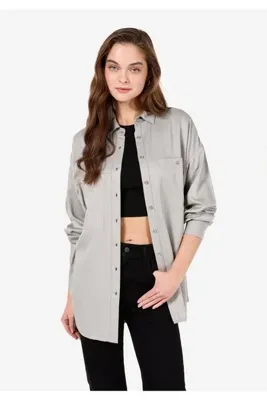 Colins Regular Fit Shirt Neck Düz Kadın Yeşil Uzun Kol Gömlek