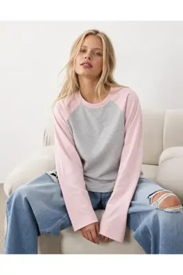CrepTekstil Kadın %100 Pamuk Kontrast Karmelanj - pembe Reglan Kollu Bisiklet Yaka Oversize Tişört