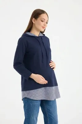 Entarim Hamile Kapüşonlu Sweatshirt Etek Ucu Çizgi Detaylı