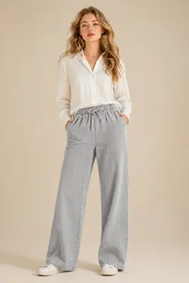 GLOW MUSE Beli Lastikli Bol Paça Oversize Kesim Kot Pantolon - Gri
