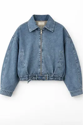 moda armanc Kadın Oversize Jean Ceket Kemer Detaylı Denim Bomber Kot Ceket