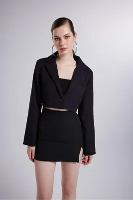 Holly Lolly Vatkalı Crop Model Uzun Kol Blazer Panky Ceket Siyah